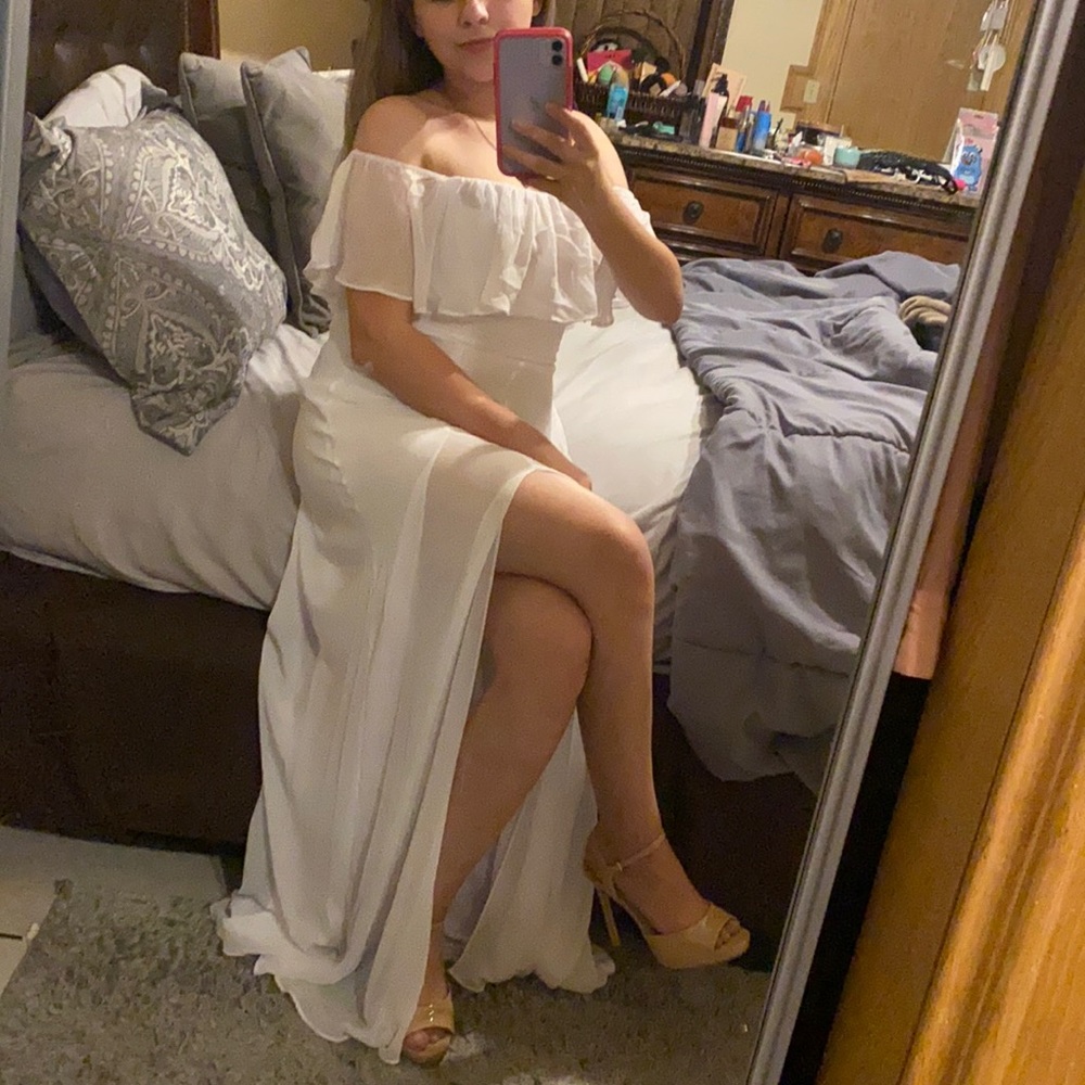 Ruffle off-shoulder slit dress